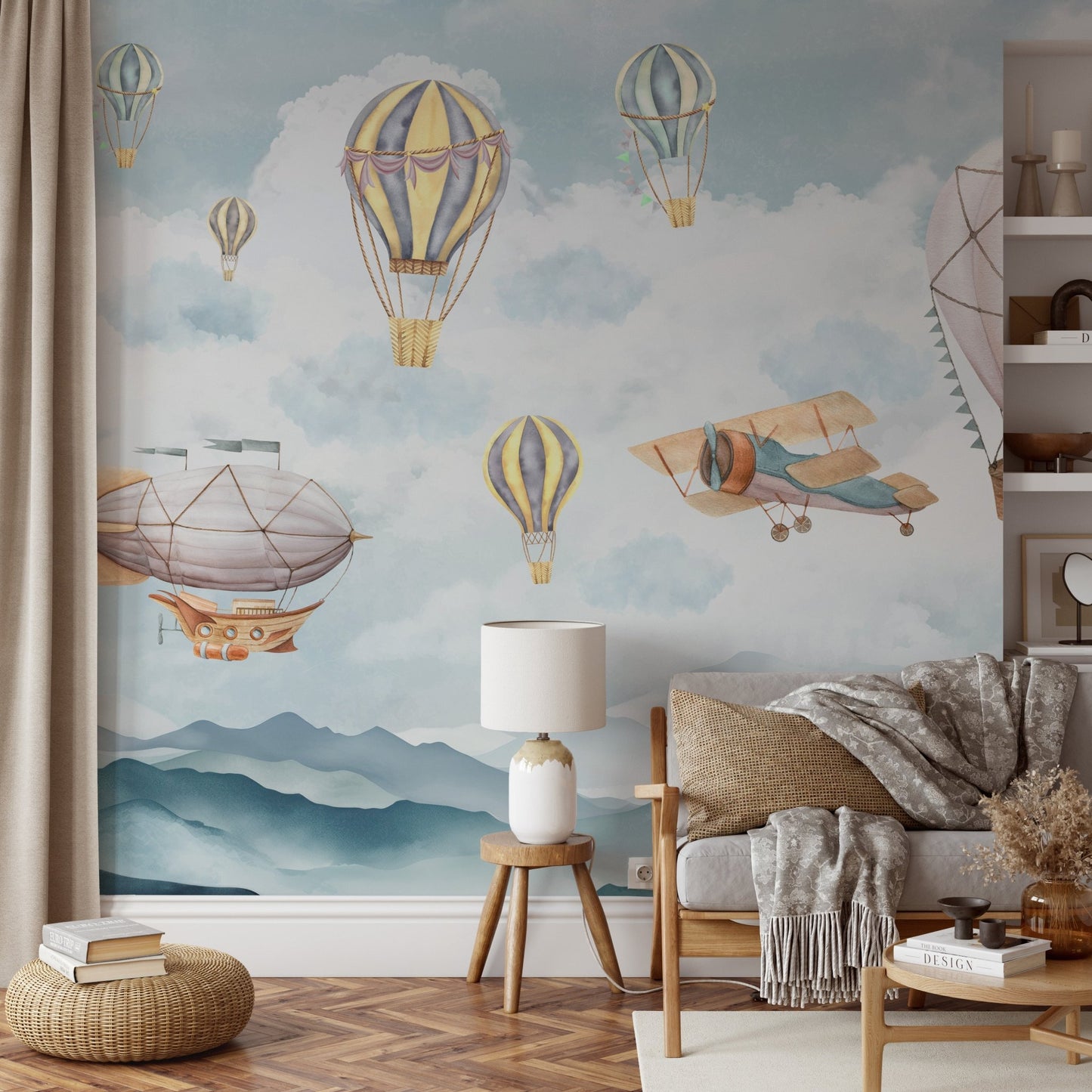Detailed watercolor dirigible and mountain wall mural.