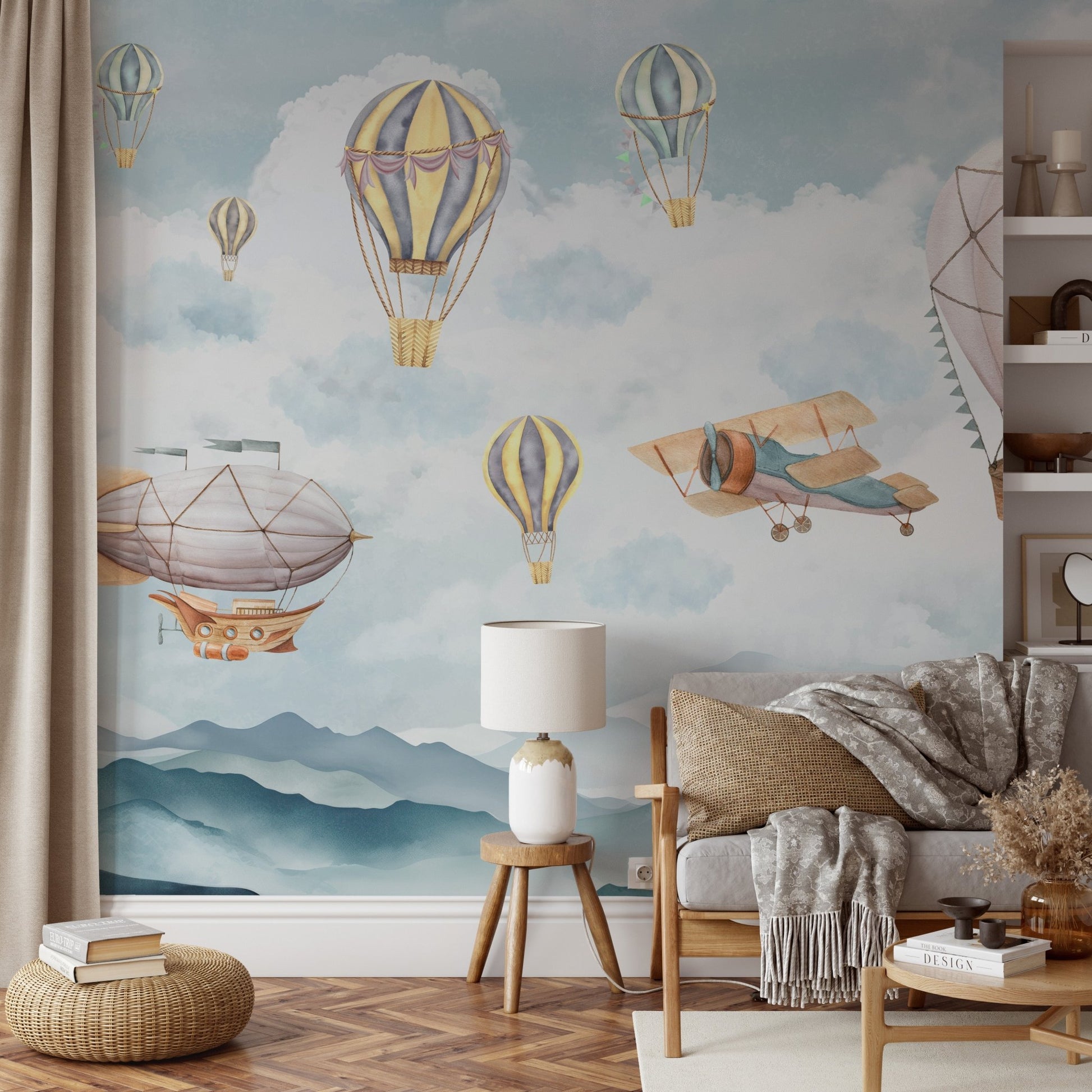 Detailed watercolor dirigible and mountain wall mural.