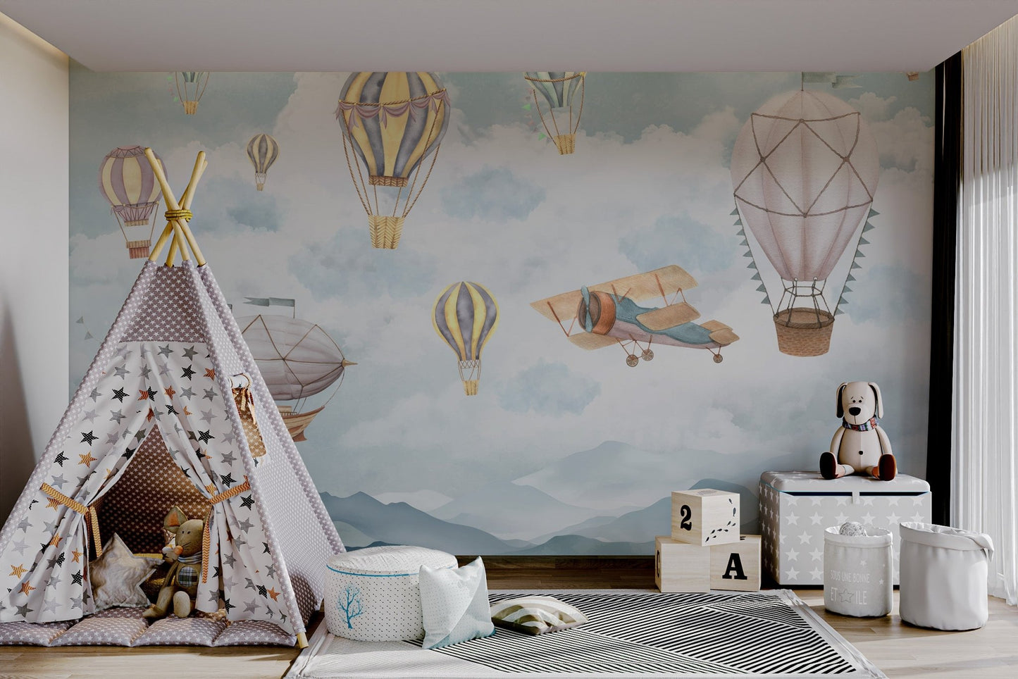 Watercolor hot air balloons and clouds wall mural for kids playroom.