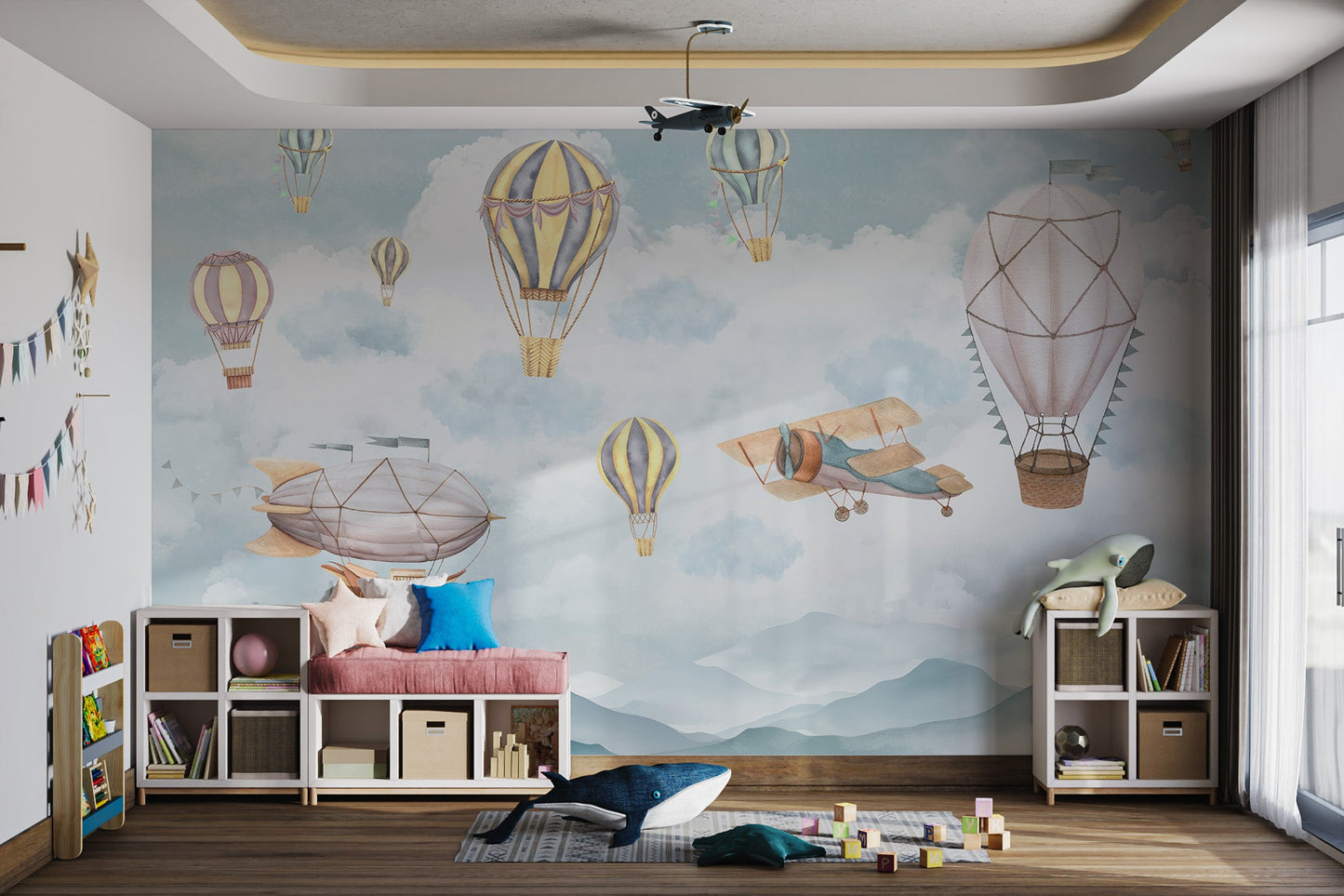Muted pink and grey dirigible airship wall mural for modern playroom.