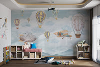 Muted pink and grey dirigible airship wall mural for modern playroom.