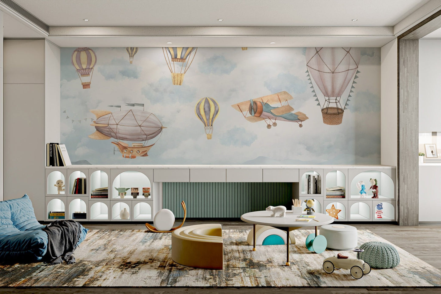 Pale blue sky and white clouds wall mural with airships in child's playroom.