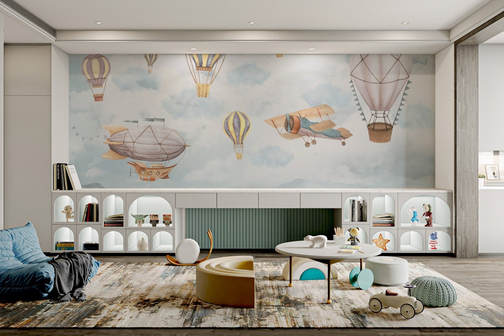 Pale blue sky and white clouds wall mural with airships in child's playroom.