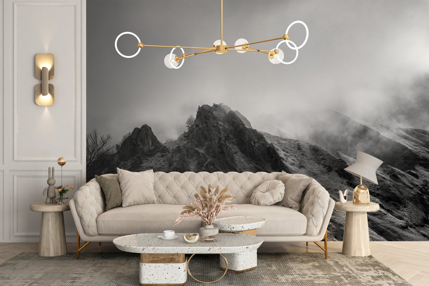 Cloudy Skies Over the Peaks Wall Murals paired with a beige velvet sofa.