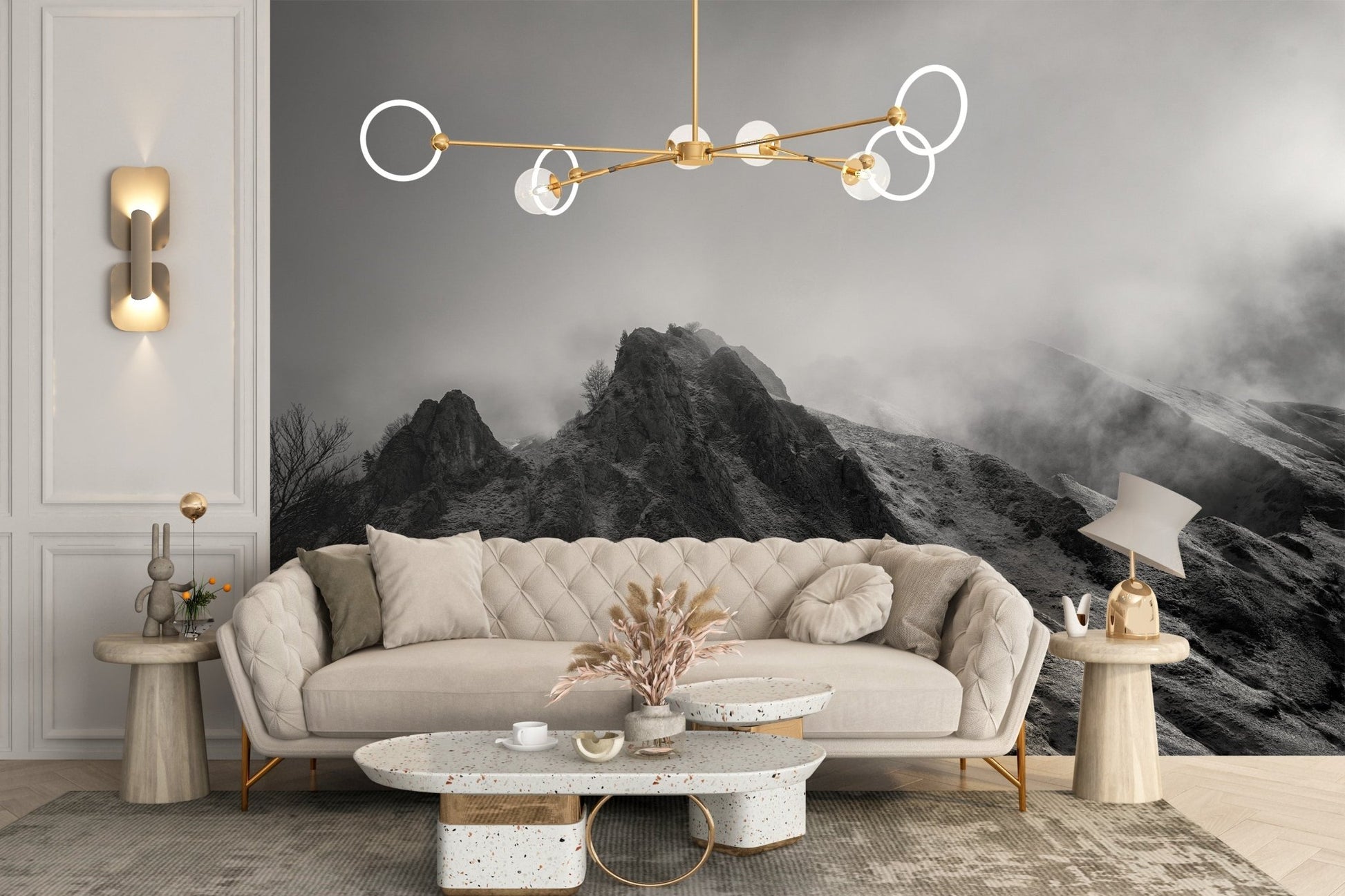Cloudy Skies Over the Peaks Wall Murals paired with a beige velvet sofa.