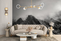 Cloudy Skies Over the Peaks Wall Murals paired with a beige velvet sofa.