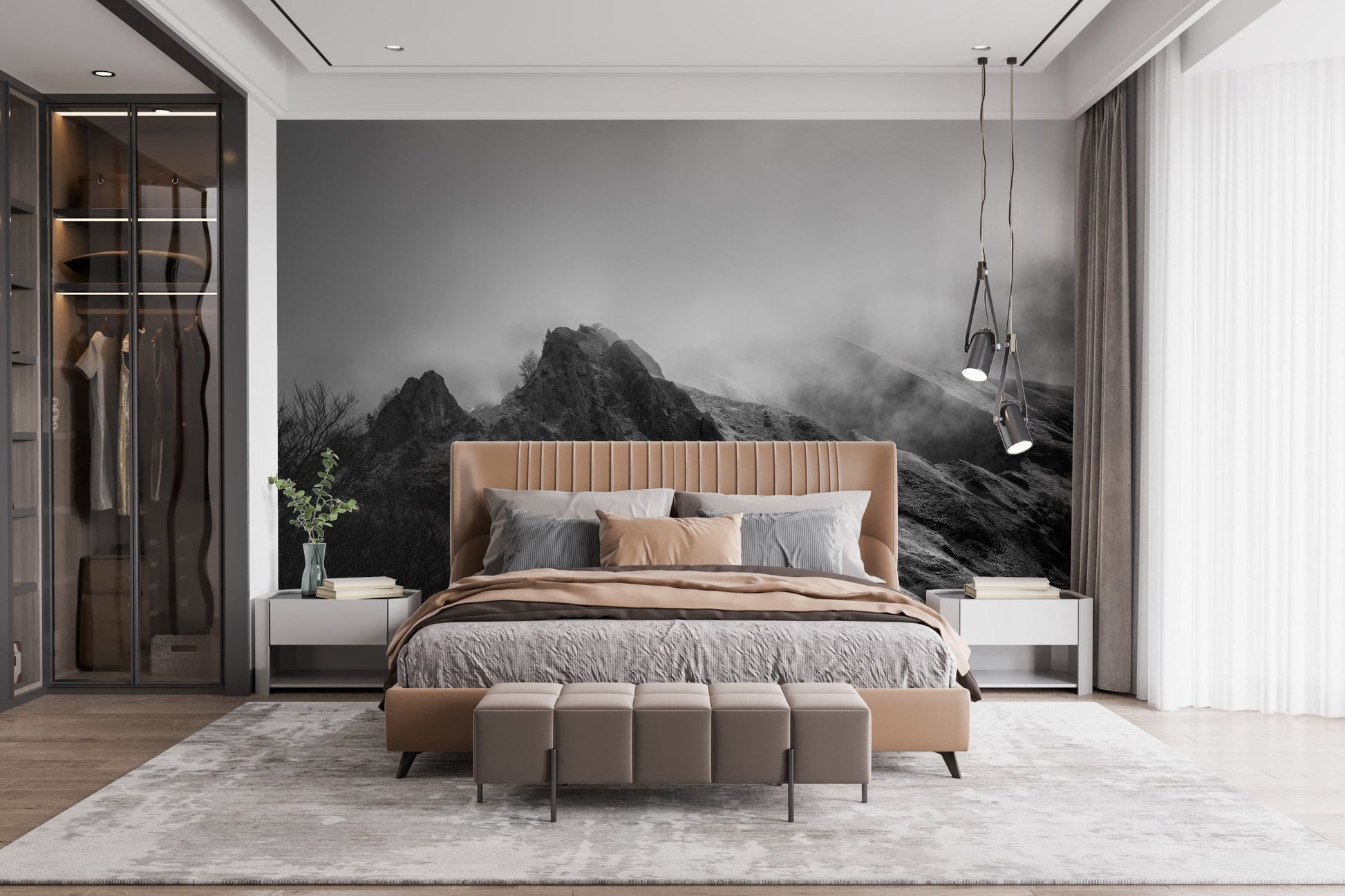 Luxury bedroom with Cloudy Skies Over the Peaks Wall Murals and warm lighting.