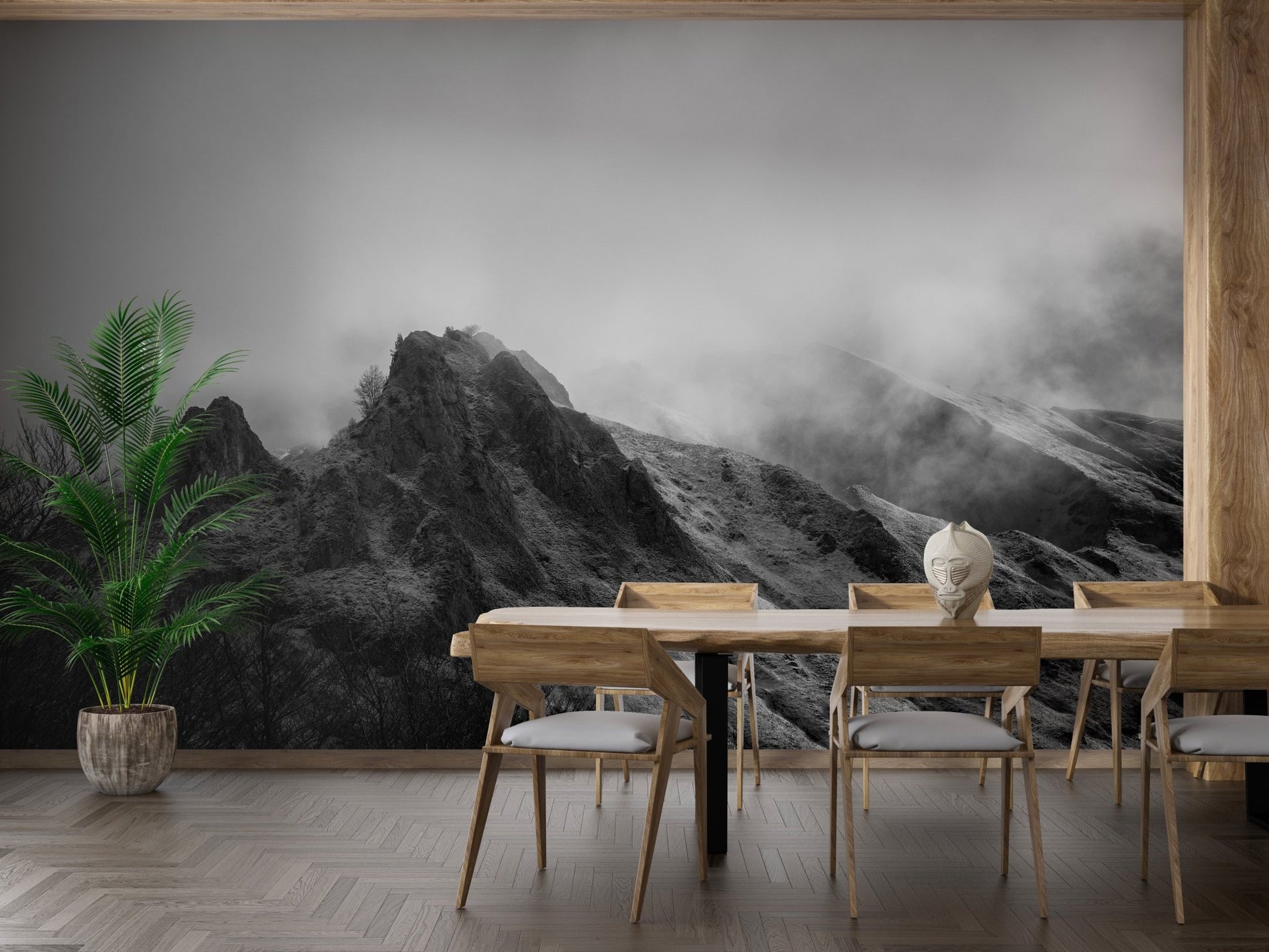 Spacious lounge area with monochrome peak wall mural and neutral decor.