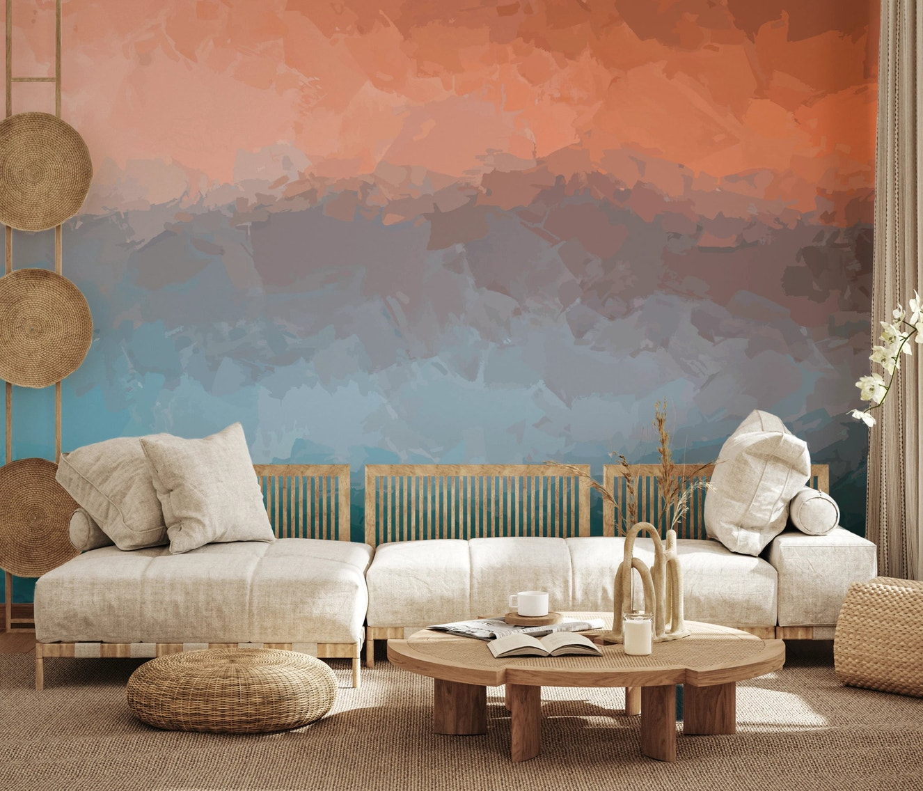 Coastal Abstraction Wall Mural in a lounge with a low wooden coffee table.