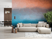 Large living area showing a peach and blue abstract wall mural