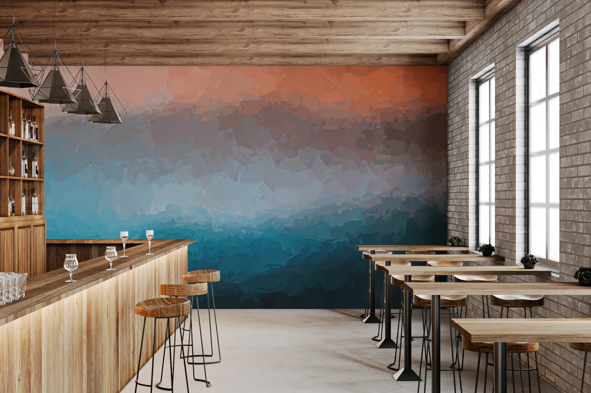 Industrial style cafe featuring a dark teal and orange abstract wall mural.
