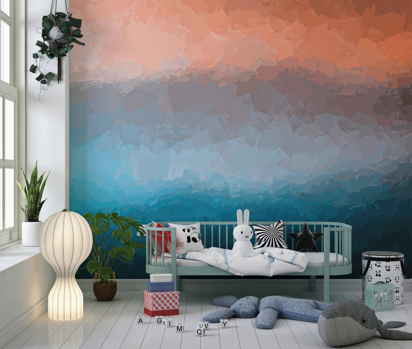 Indoor patio setting featuring a coastal themed abstract wall mural.