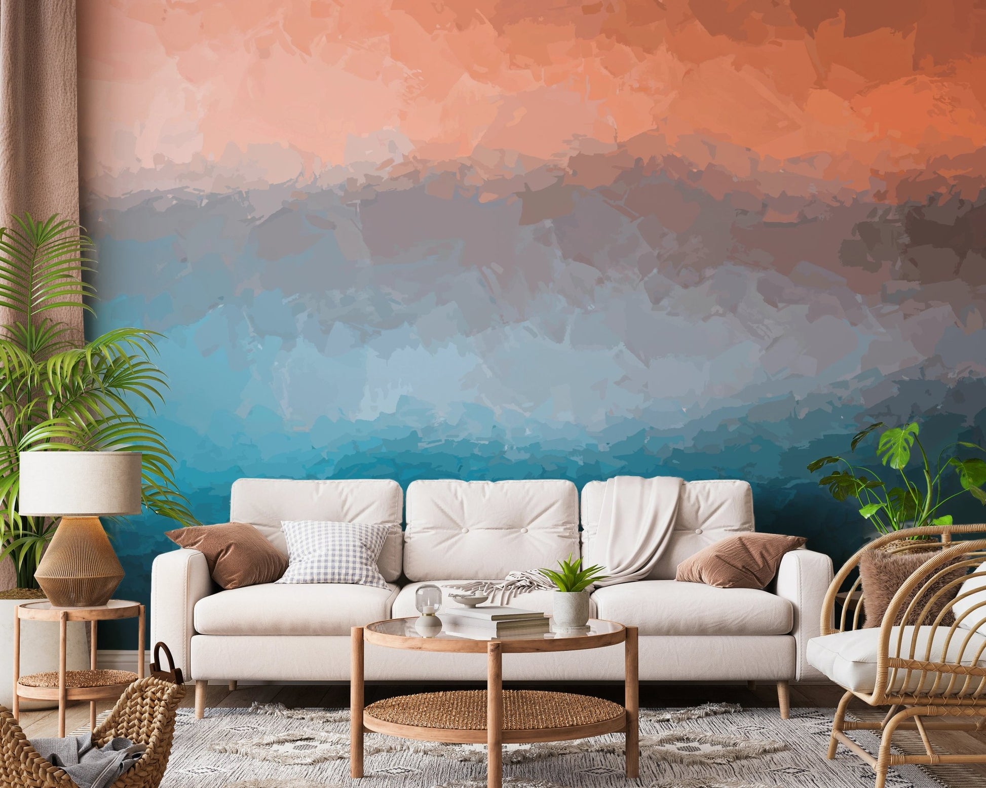 Scandi style living area highlighting a tri-color abstract wall mural.