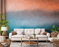 Scandi style living area highlighting a tri-color abstract wall mural.