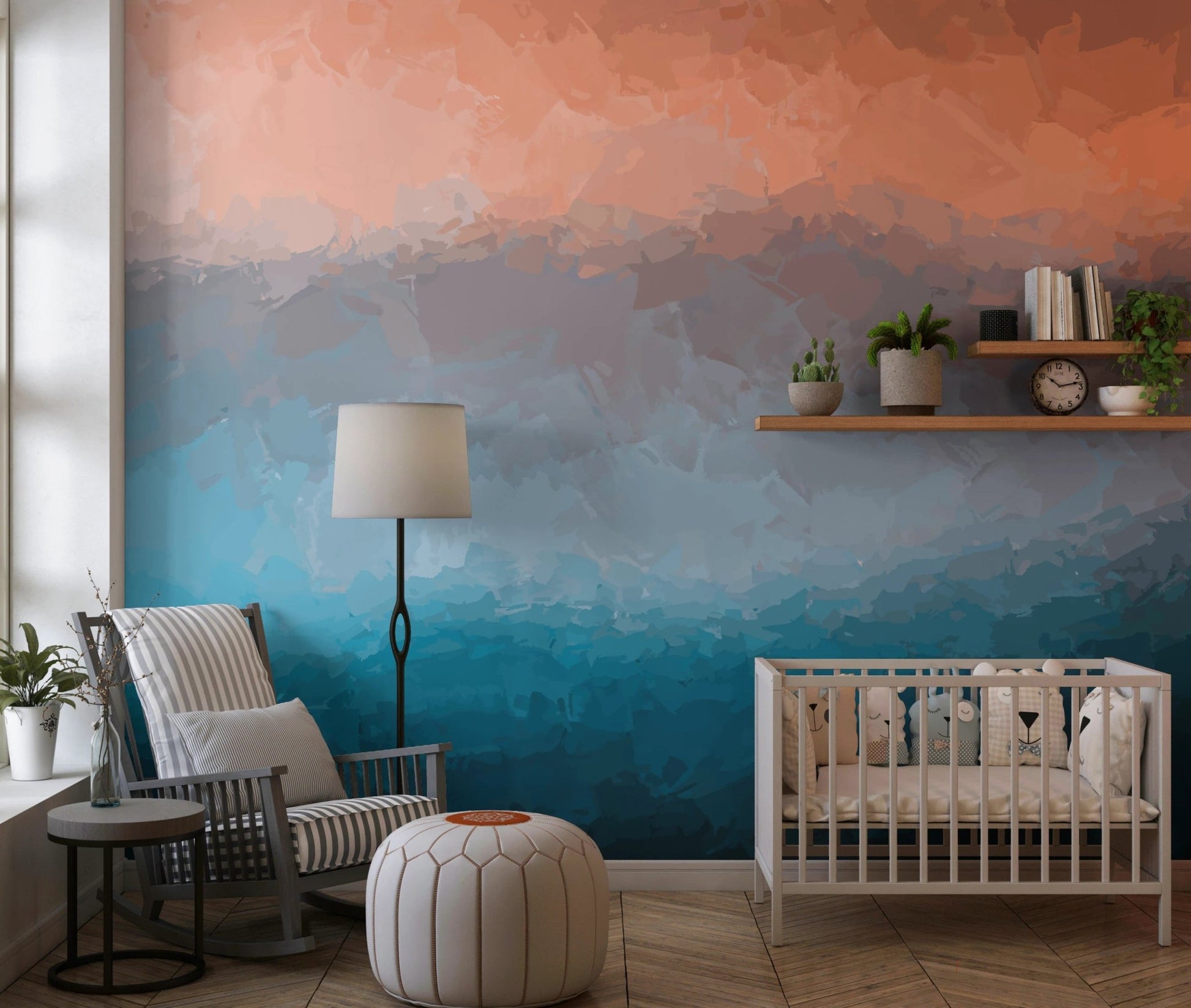 Neutral nursery room with a soft coral and blue coastal wall mural