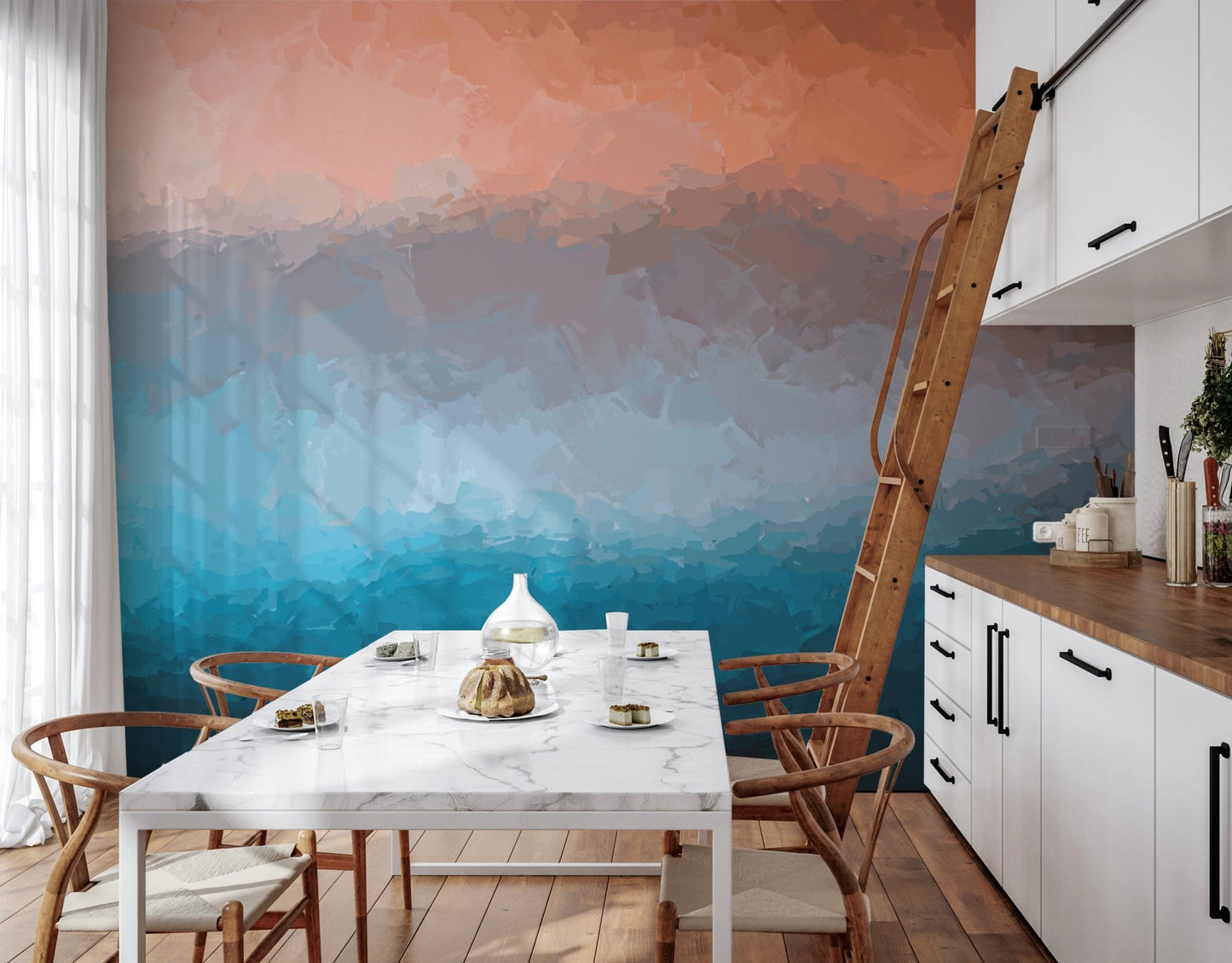 Modern kitchen space with high ceilings and abstract gradient wall mural