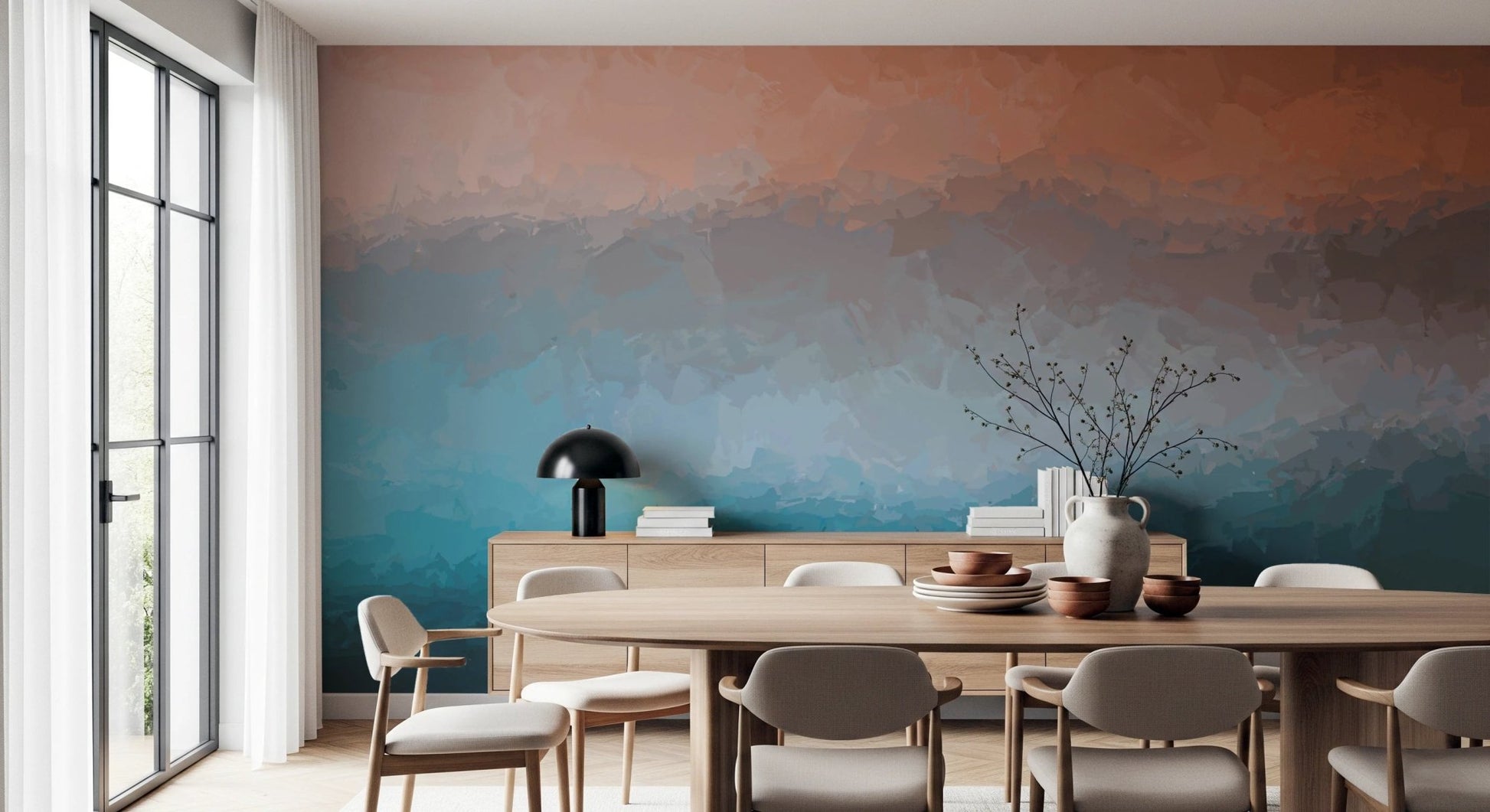 Minimalist dining area featuring a coral and teal coastal textured wall mural.