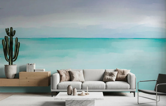 Abstract coastal wall mural in open plan living area.