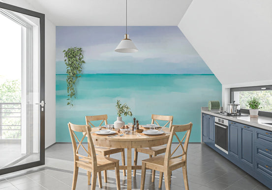 Dining area with and teal coastal landscape wall mural.