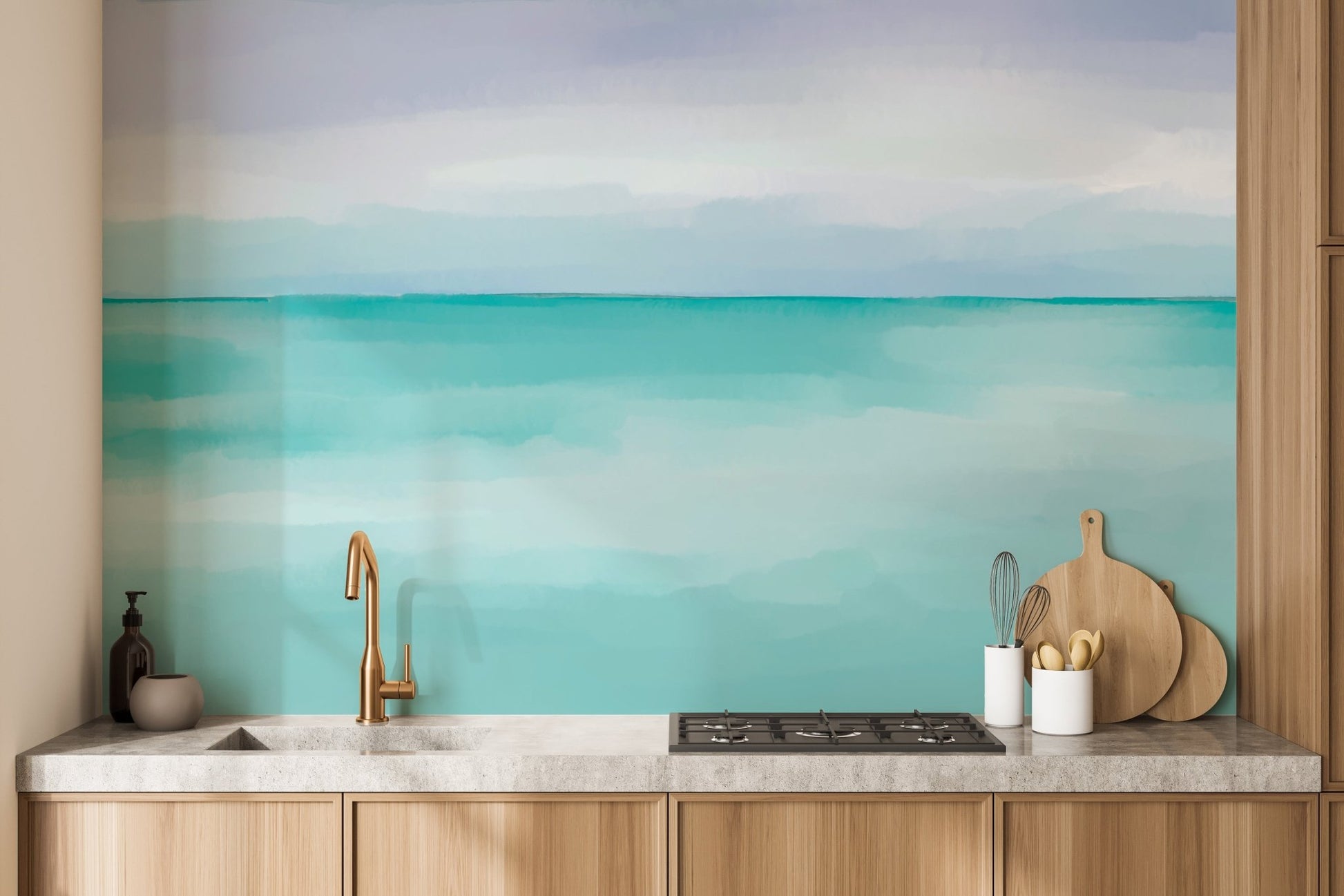 Coastal harmony wall mural pastel teal abstract wall mural design.