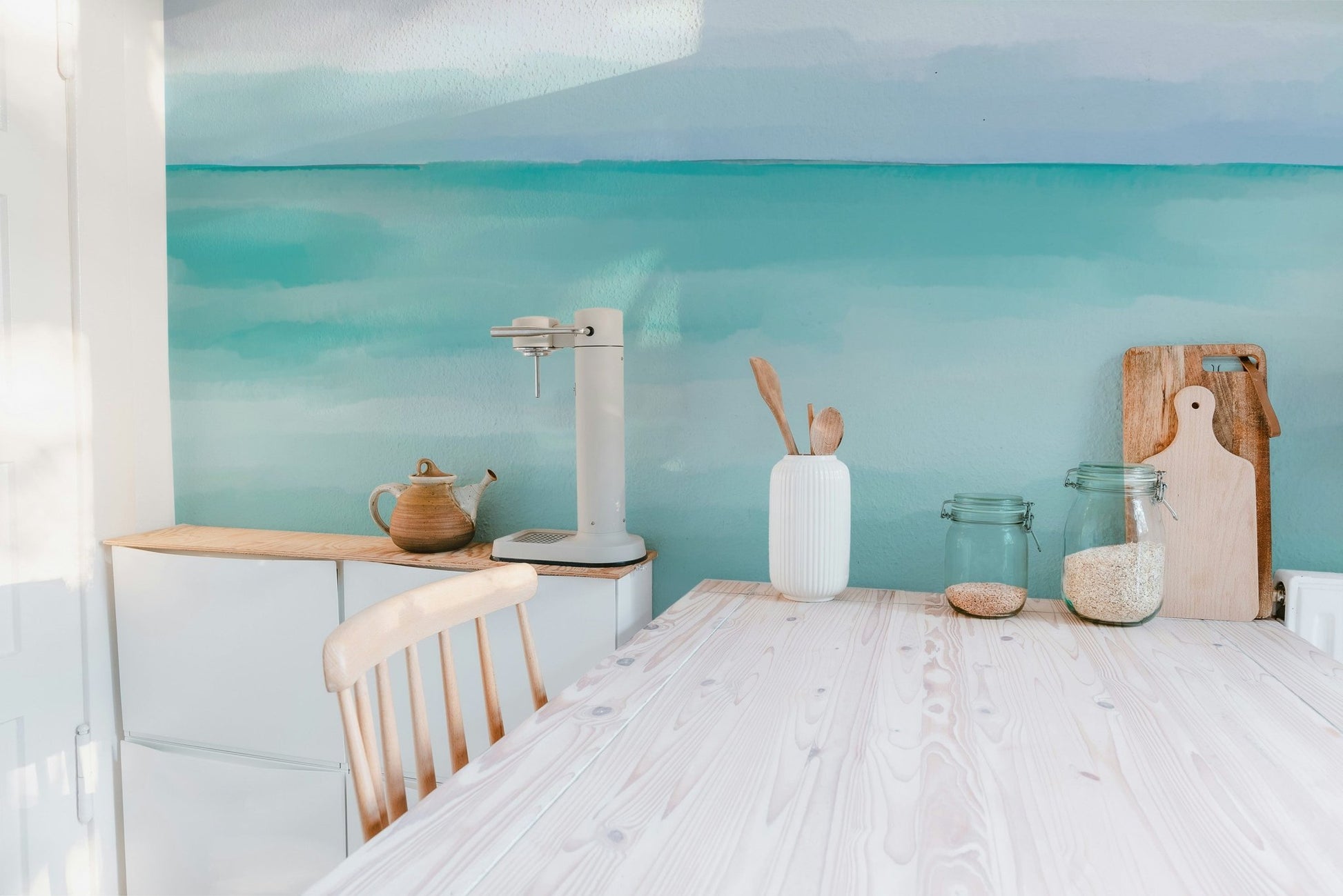 Turquoise watercolor texture wallpaper modern coastal wall mural.