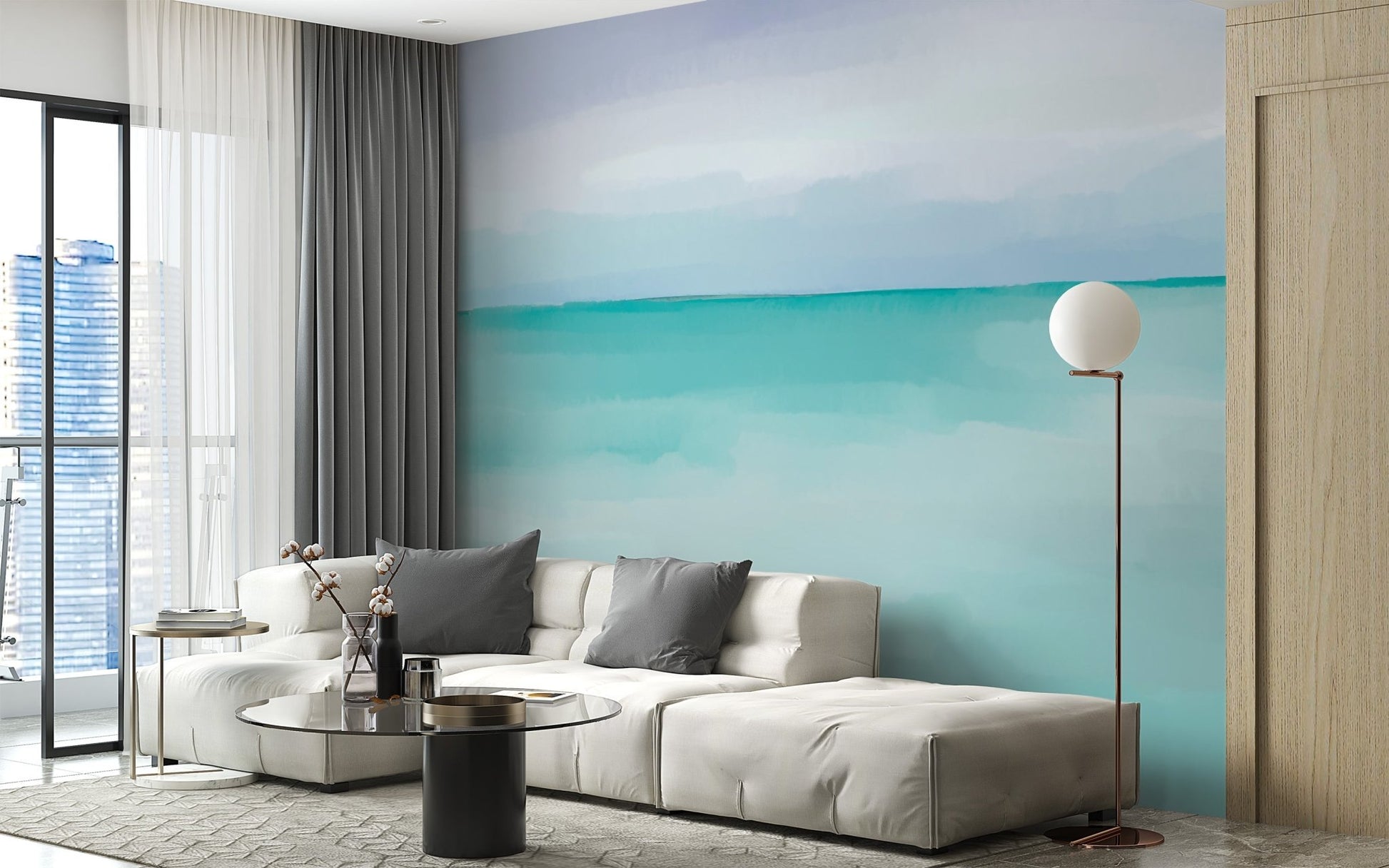 Minimal teal and sky blue wash wall mural for contemporary walls.