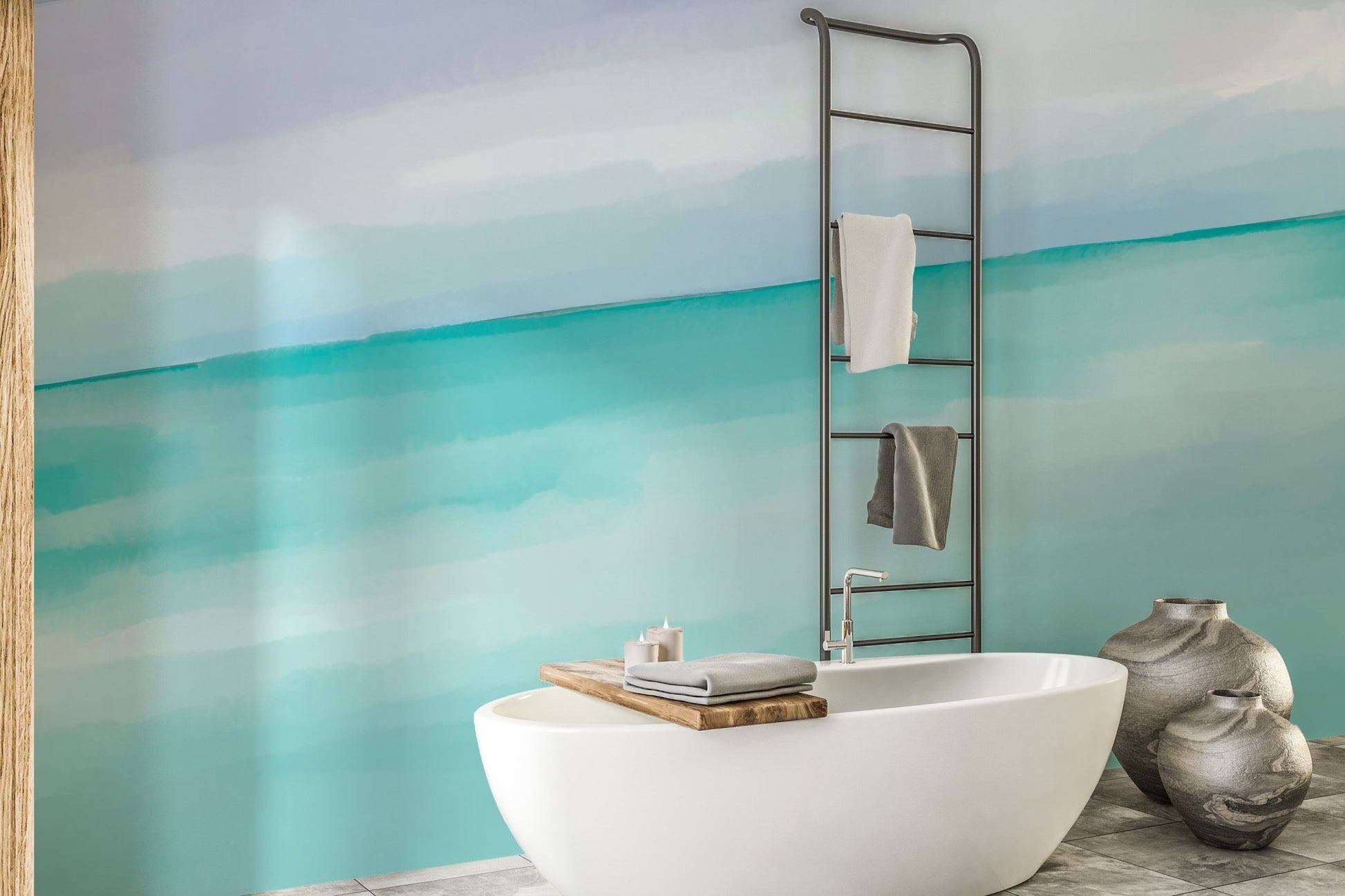 Seafoam and aqua horizontal brushstroke wallpaper wall mural.