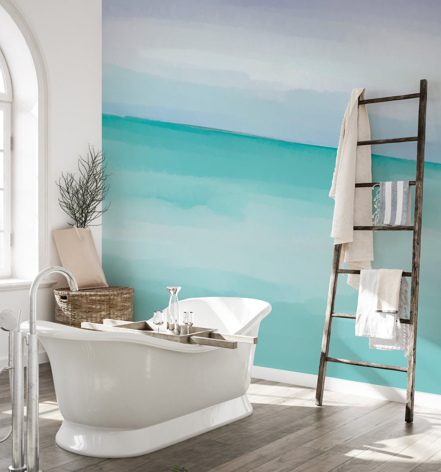 Calm blue coastal wallpaper mural with watercolor effect.