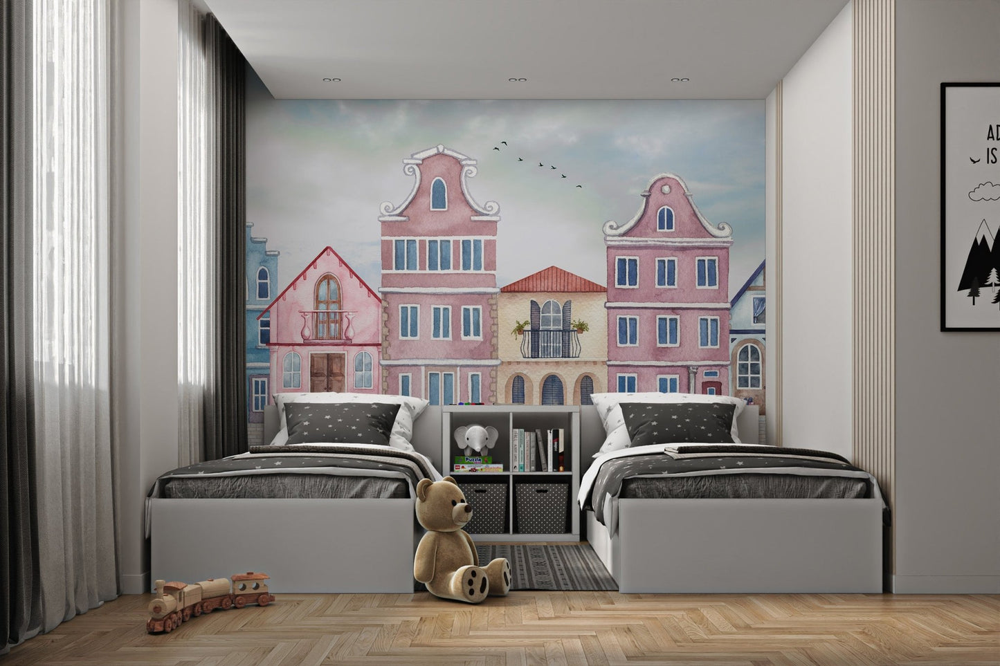 European architecture illustration with sailboat on water mural for bedroom 