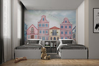 European architecture illustration with sailboat on water mural for bedroom 