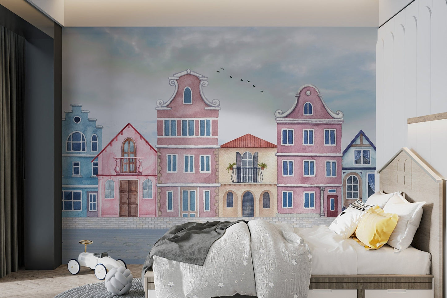 European-style townhouses wall mural with overlooking harbor in bedroom.