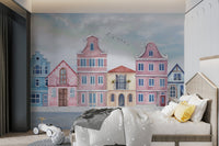 European-style townhouses wall mural with overlooking harbor in bedroom.
