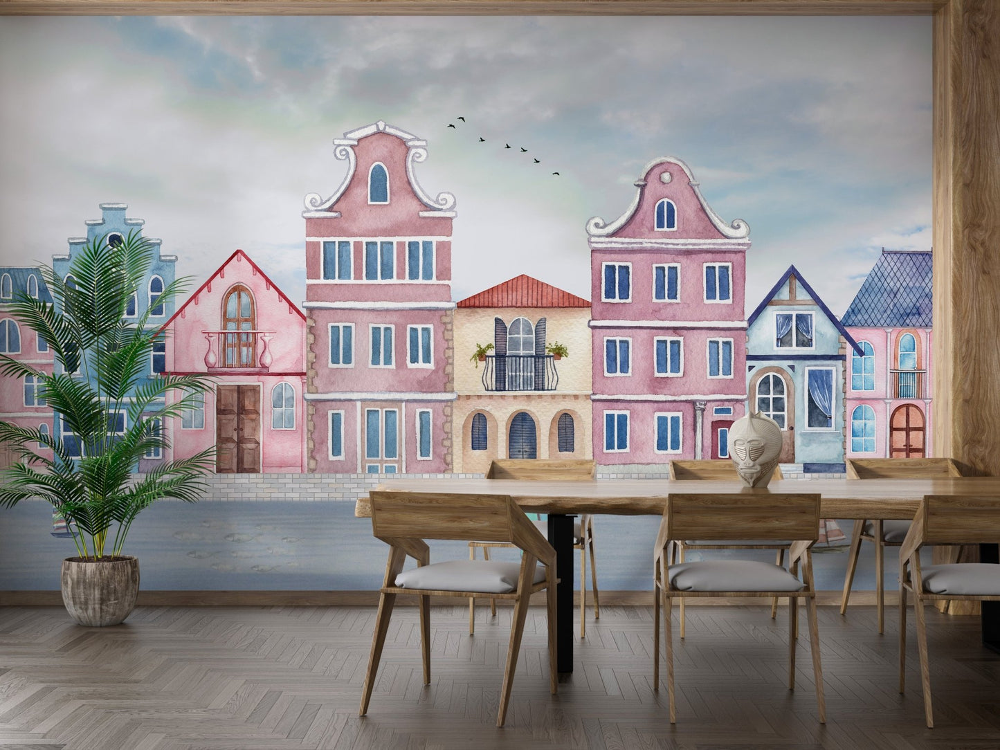 Decorative urban wall mural with fish and sailboats for a dining room.