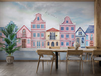 Decorative urban wall mural with fish and sailboats for a dining room.