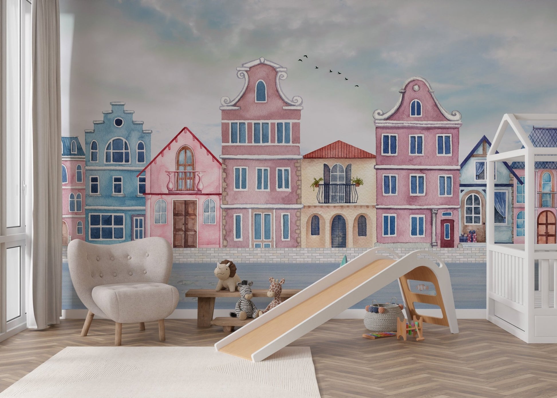 Harbor town wall mural featuring European architecture and marine life.