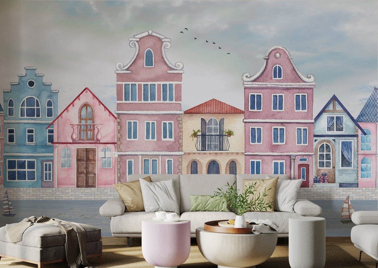 Coastal Town Wall Mural featuring blue river and small boats for a living room.