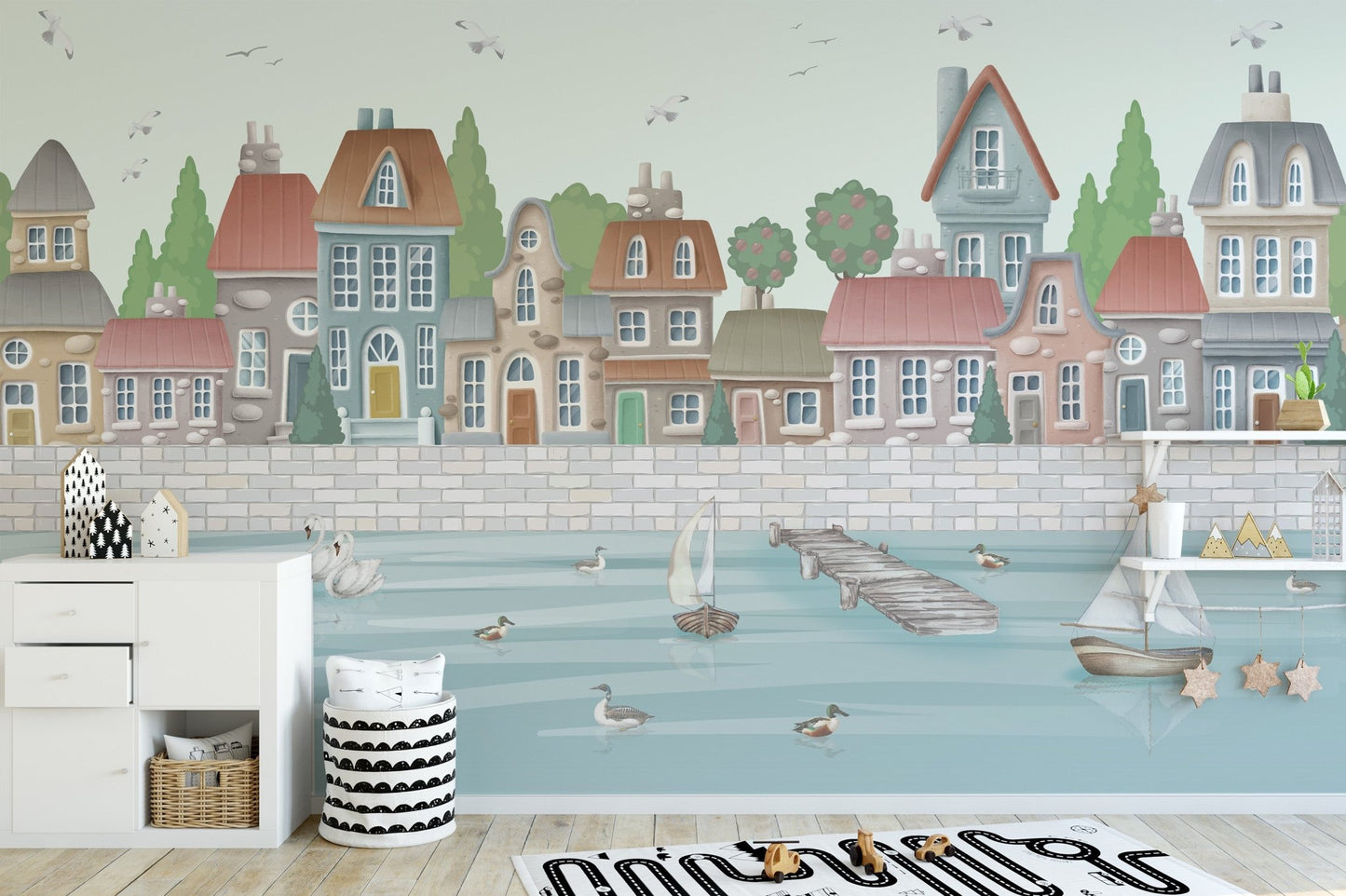 Coastal Town wall mural featuring boats, swans, and soft sky tones.