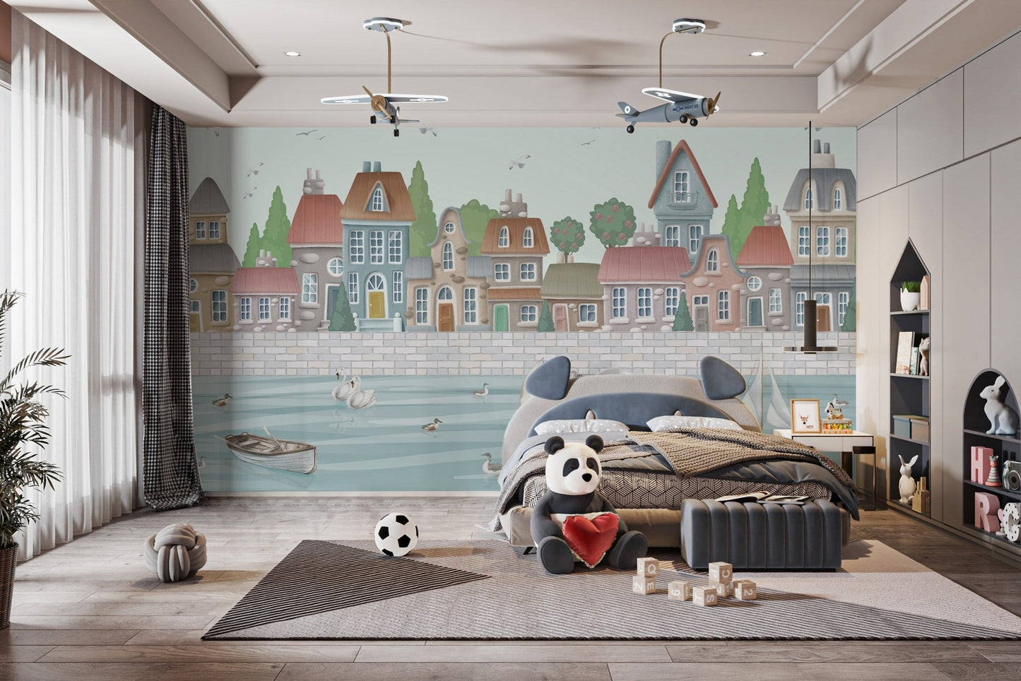 Coastal wallpaper mural with gentle blue water reflections.