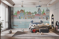 Coastal wallpaper mural with gentle blue water reflections.