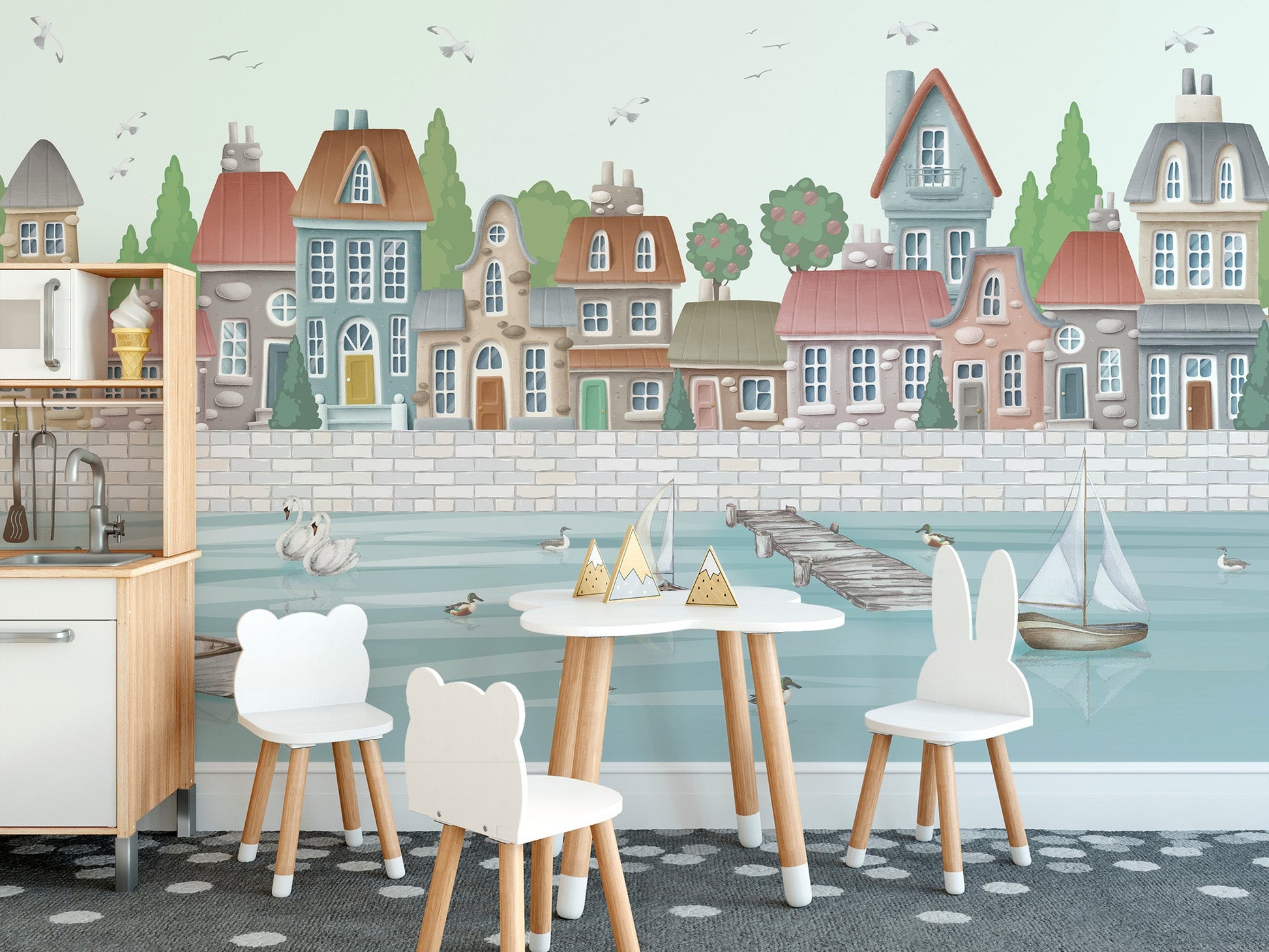 Artistic seaside town wall mural in modern muted colors.