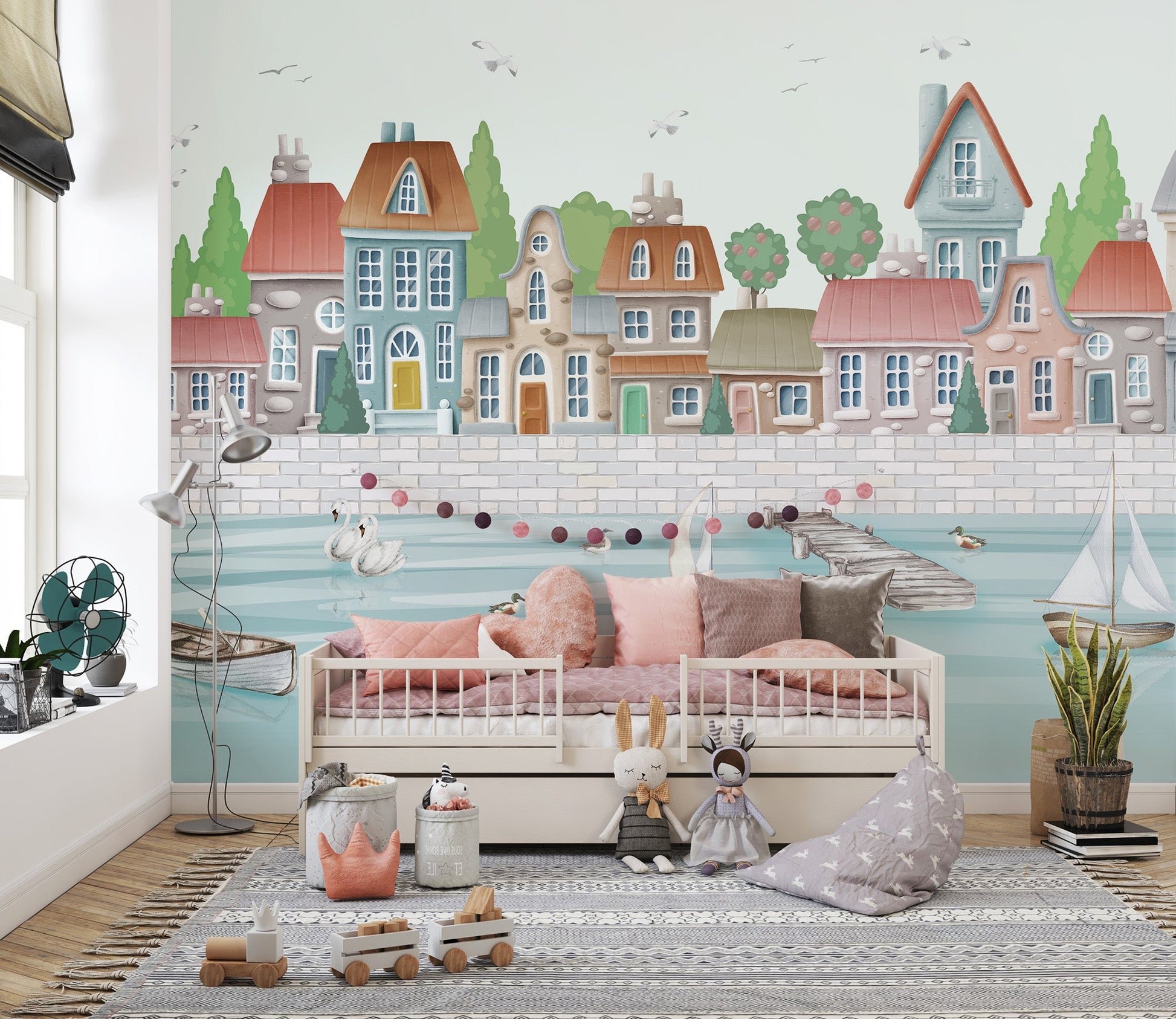 Scandinavian style coastal town wallpaper mural in soft colors.