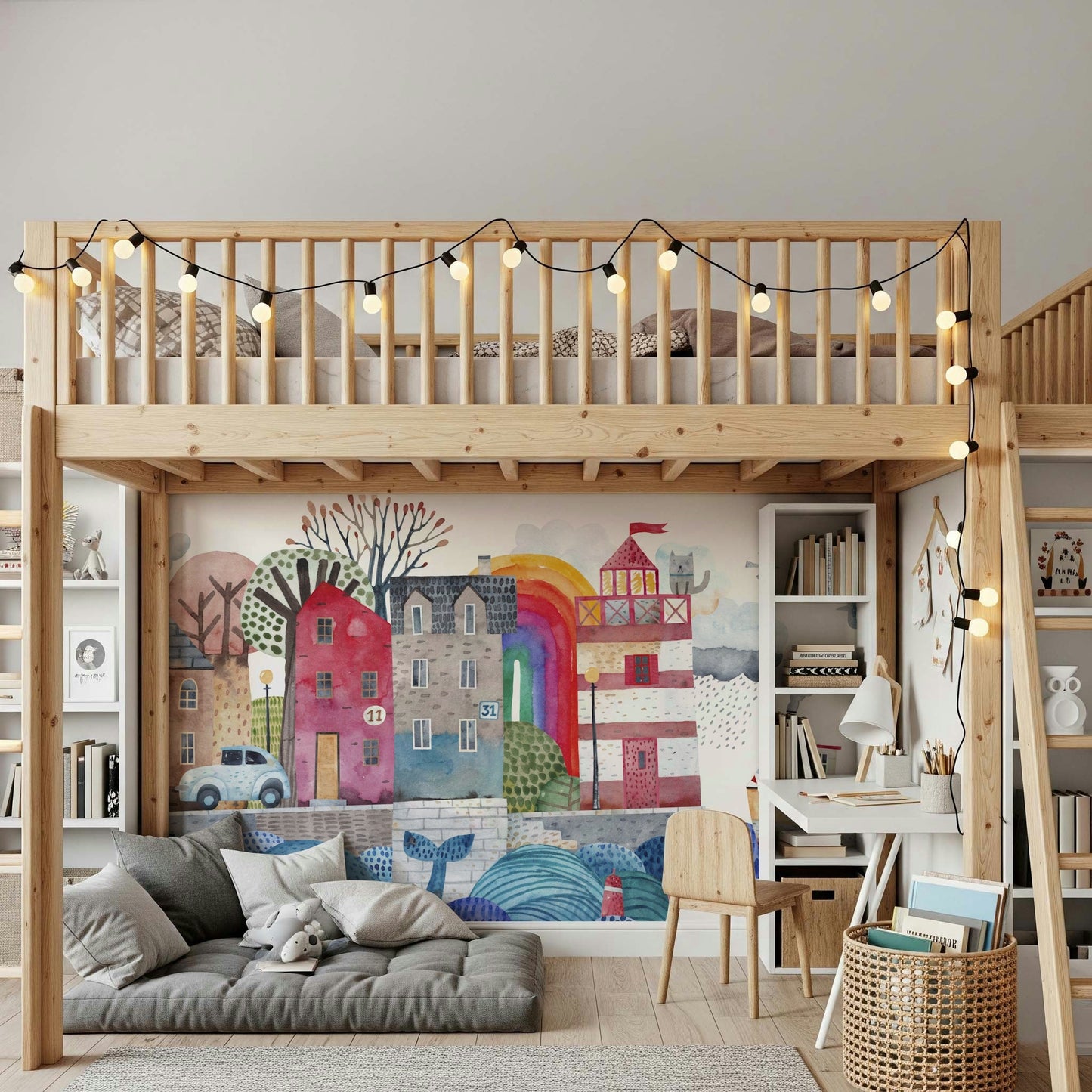 Coastal Village Watercolor wall mural in a modern living room.