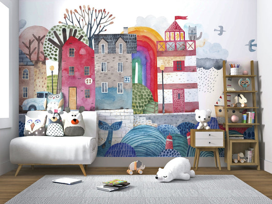 Blue whale swimming in watercolor waves wall mural.