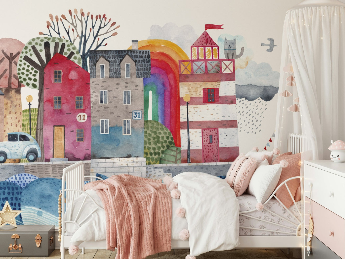 Nautical seaside wallpaper for a serene bedroom feature wall.