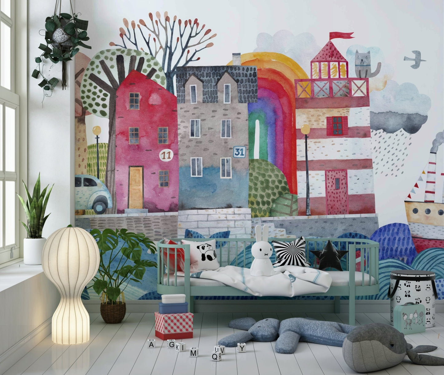 Picturesque fishing village mural for a coastal-themed apartment.