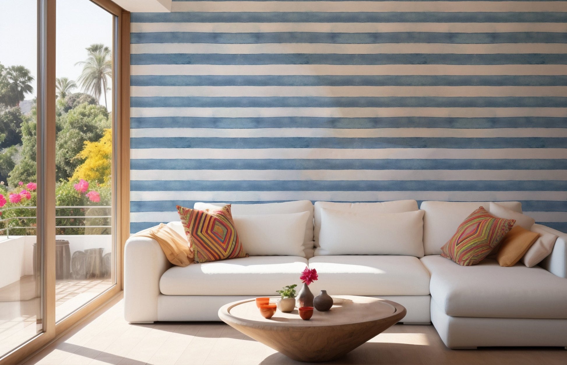 Coastal Watercolor Stripes wallpaper in a living room with soft hues.