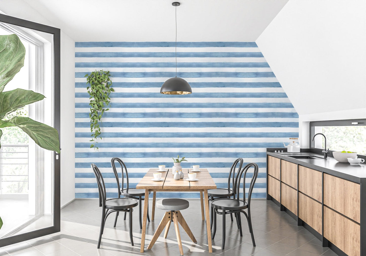 Breezy and modern watercolor stripes wallpaper perfect for dining walls.