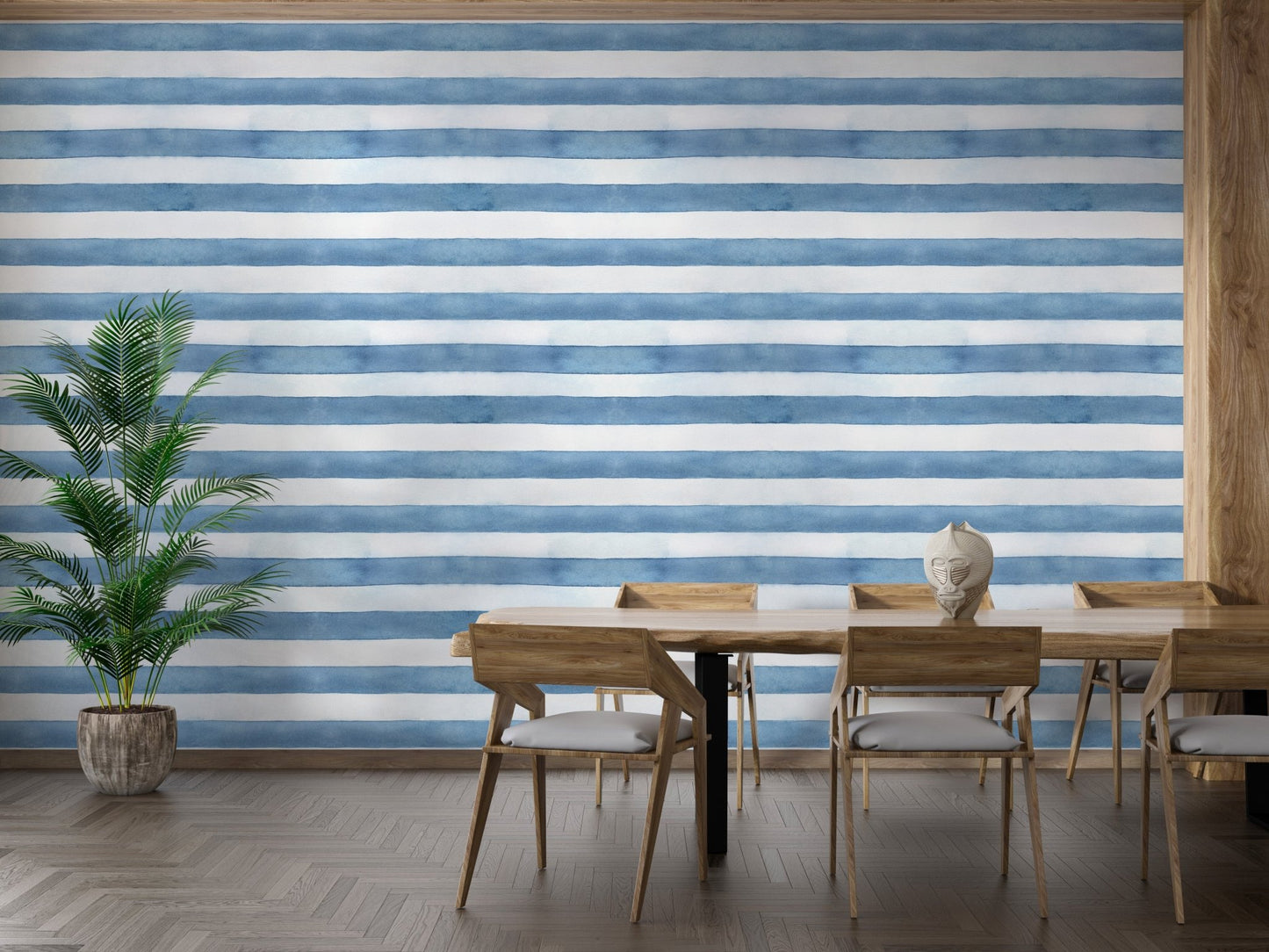 Peaceful beach vibes with Coastal Watercolor Stripes wallpaper in dining area.