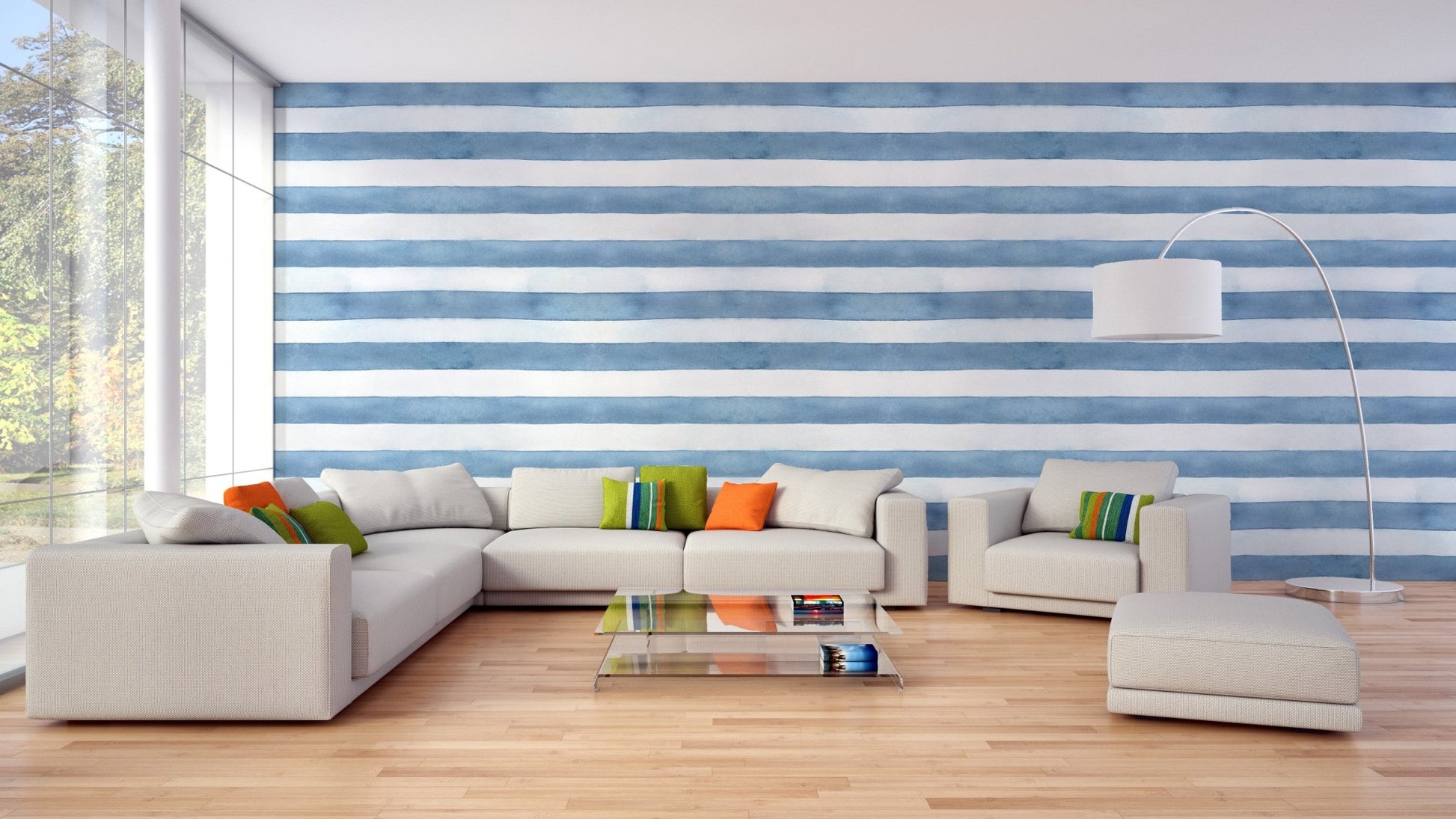 Coastal Watercolor Stripes wallpaper mural featured in a stylish living room.