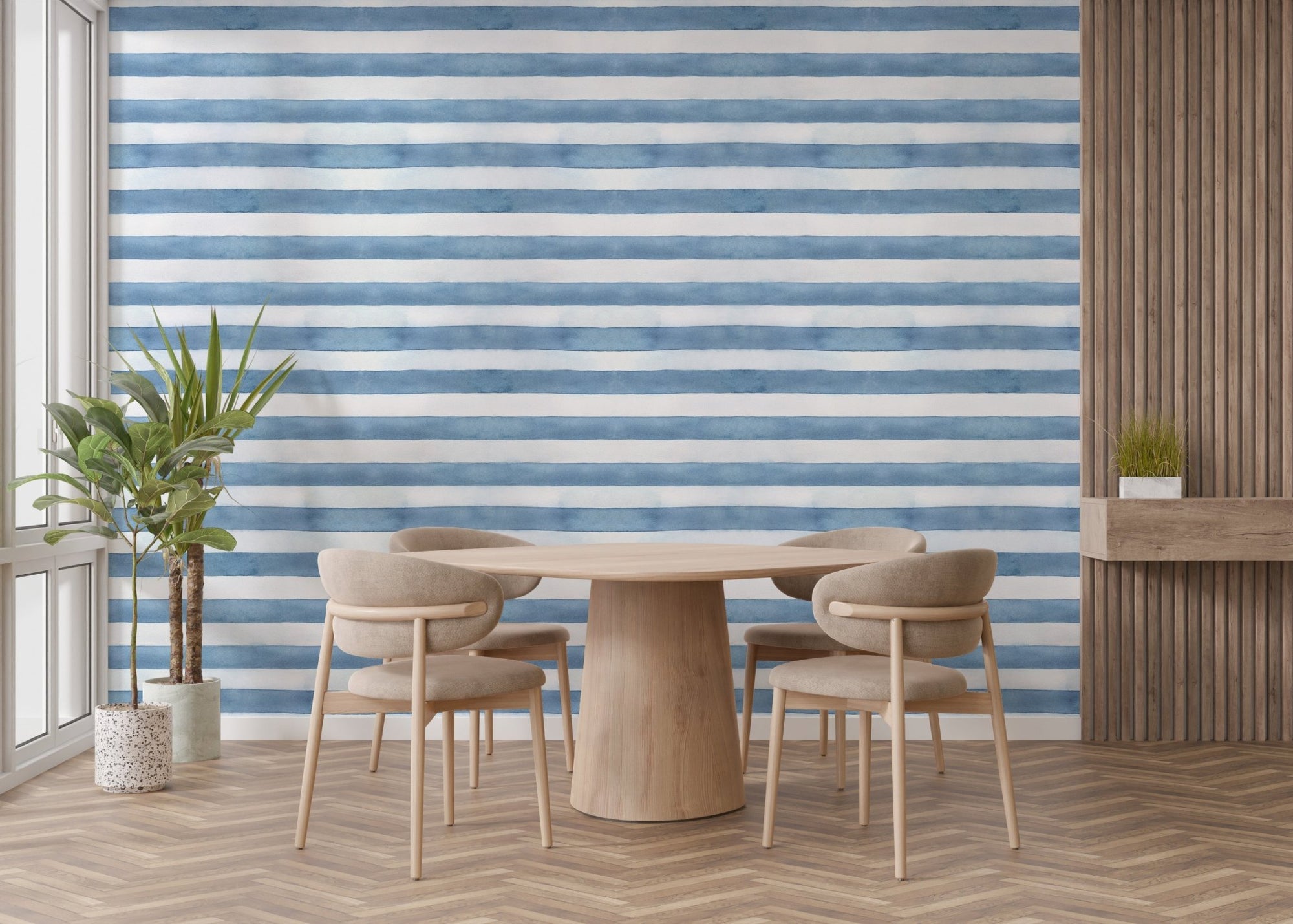 Subtle coastal striped wallpaper mural adding tranquility to a dining space.